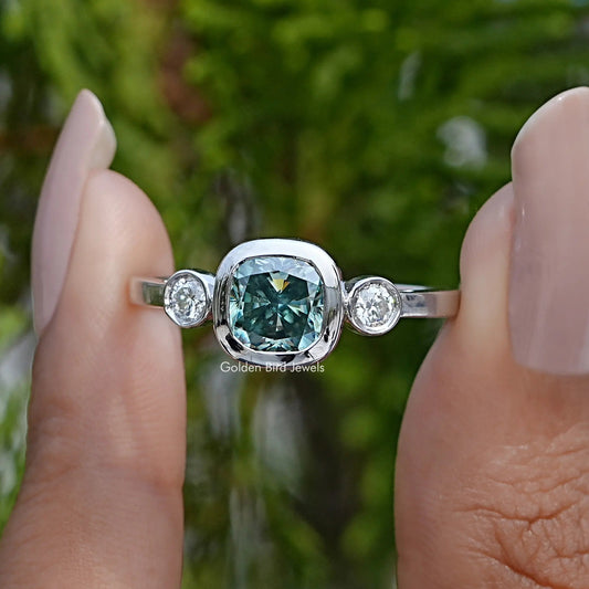 Three Stone Cushion Cut Moissanite Engagement Ring