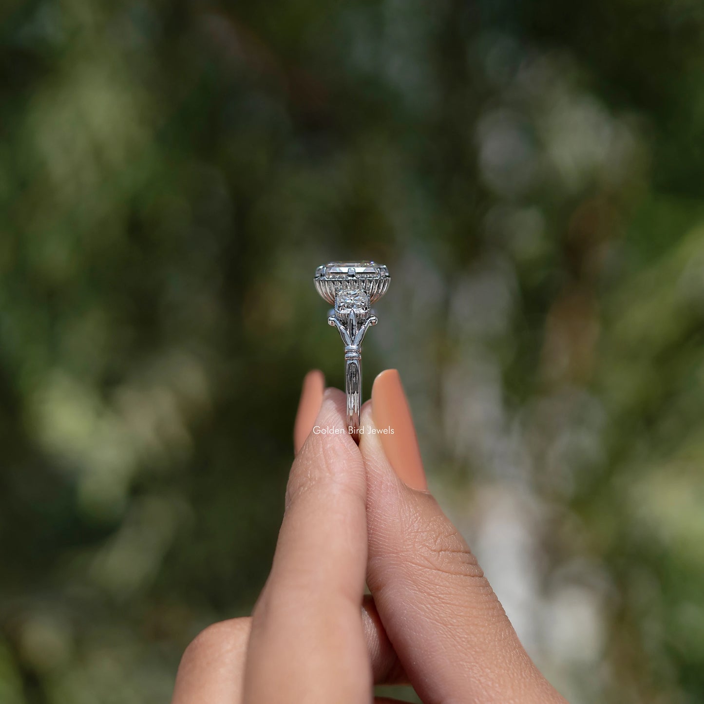 Old Mine Asscher Cut Moissanite Three Stone Ring