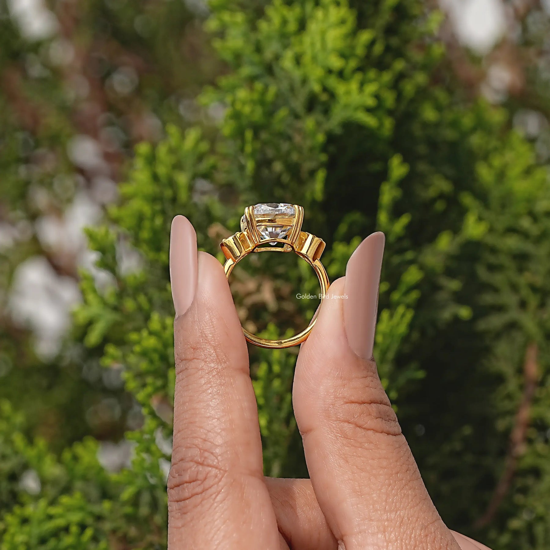 Old Mine Cushion Three Stone Moissanite Ring