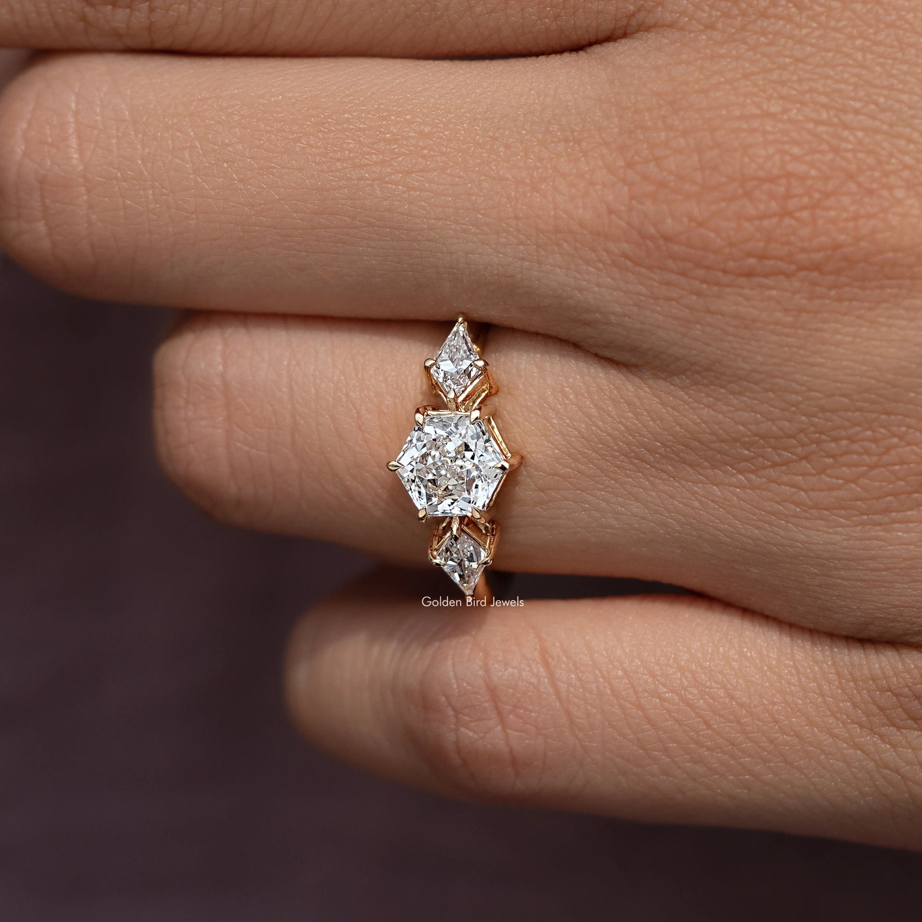 Hexagone Cut Lab Diamond Three Stone Ring
