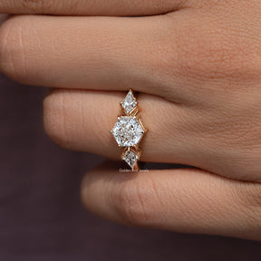Hexagone Cut Lab Diamond Three Stone Ring