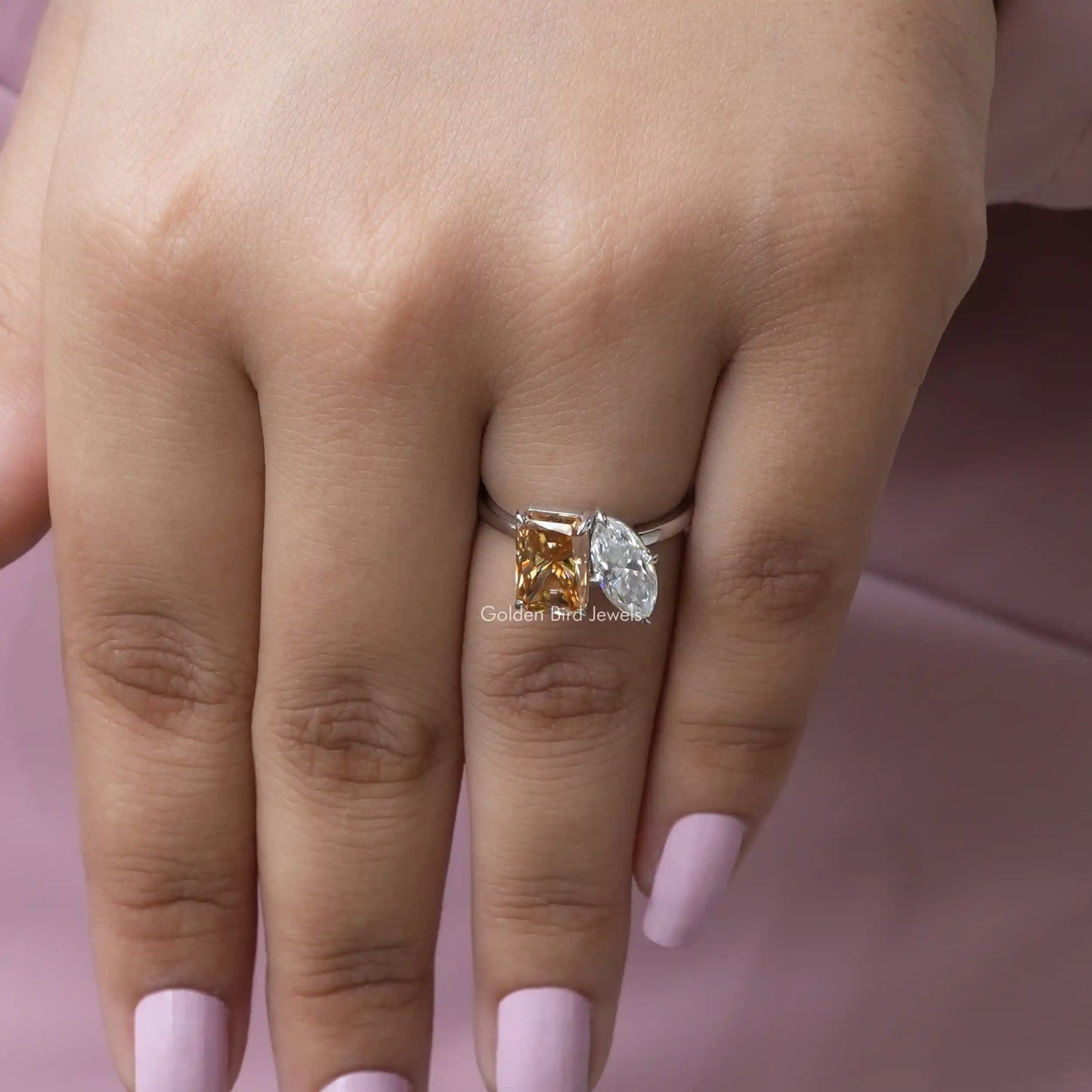 View of Radiant Cut Two Stone Moissanite Ring In White Gold