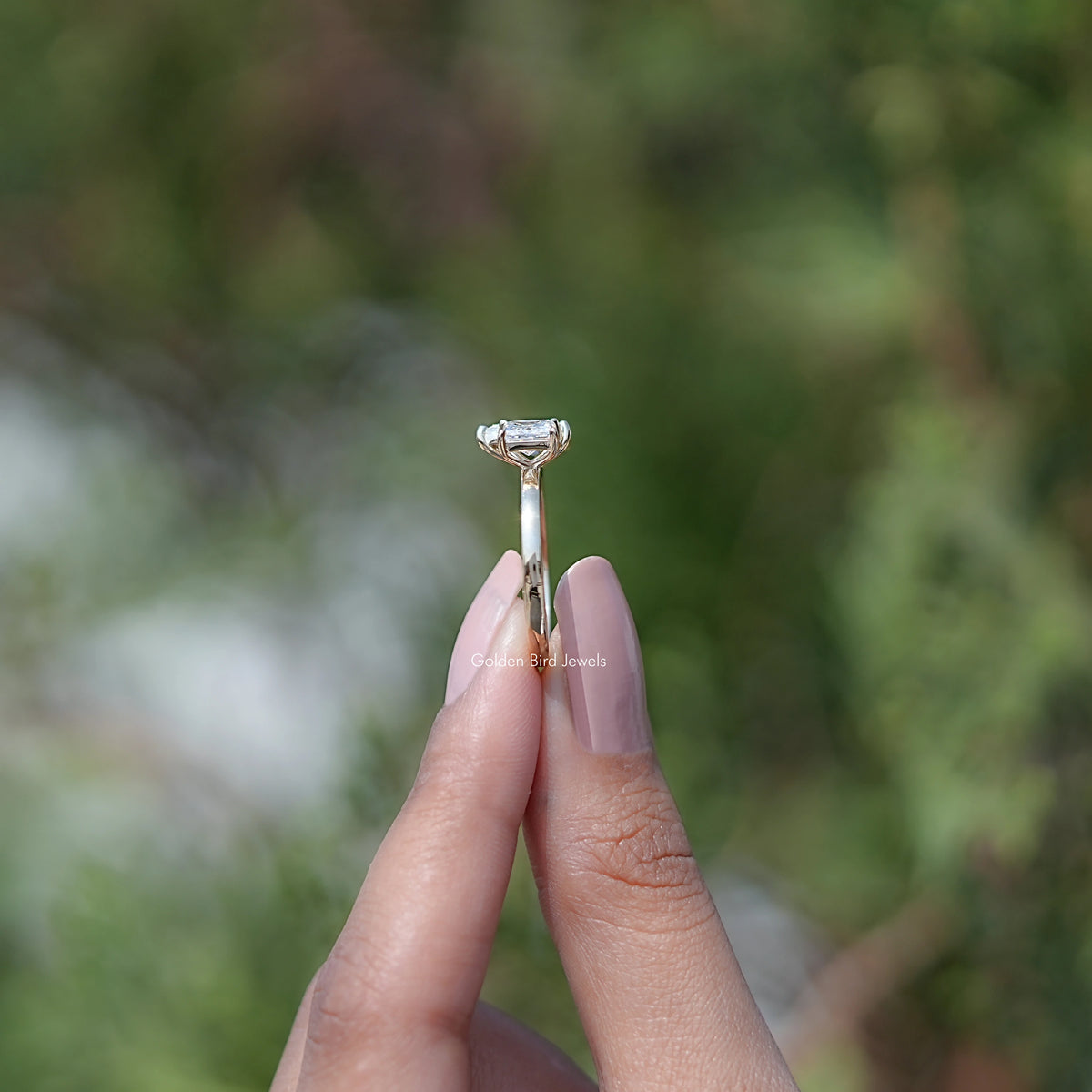 Side View Of Pear and Princess Cut Lab Diamond Ring