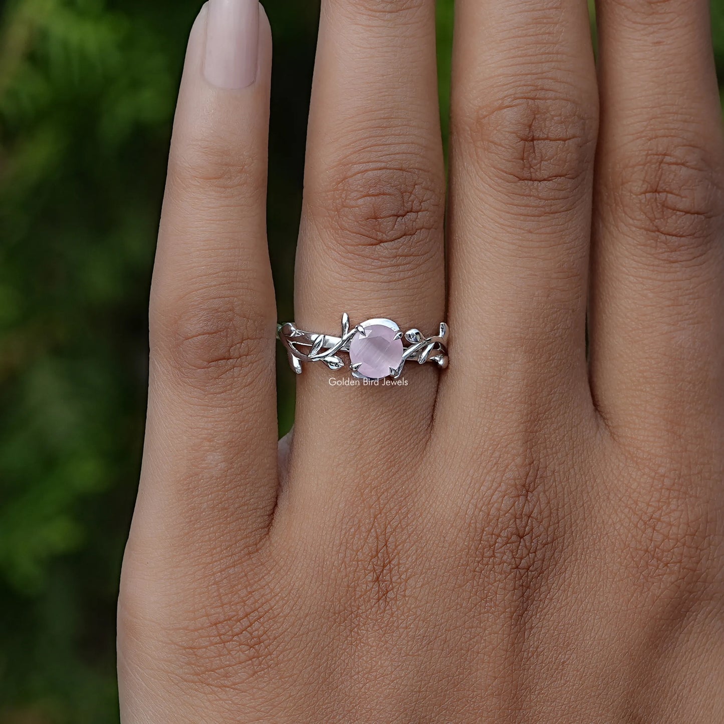 Rose Quartz Round Gemstone Leaf Style Ring