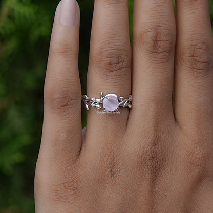 Rose Quartz Round Gemstone Leaf Style Ring