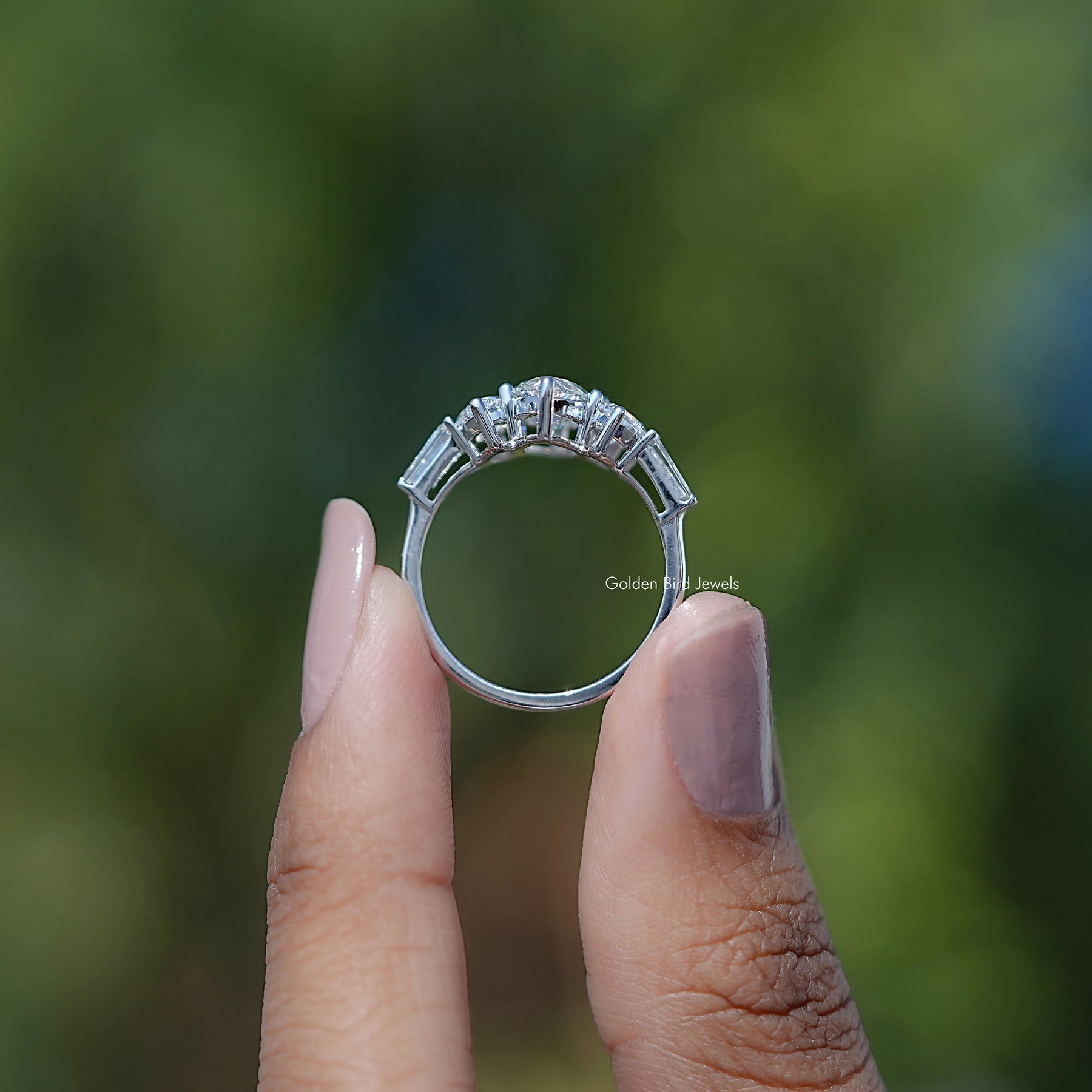 Side view of lab diamond five stone ring  Ring in white gold