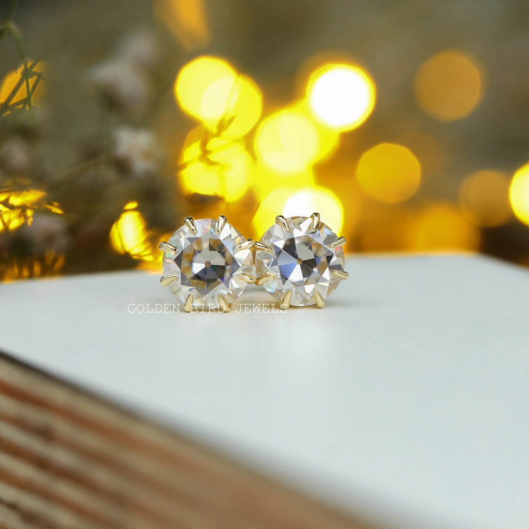 Front view of european shaped moissanite stud earrings