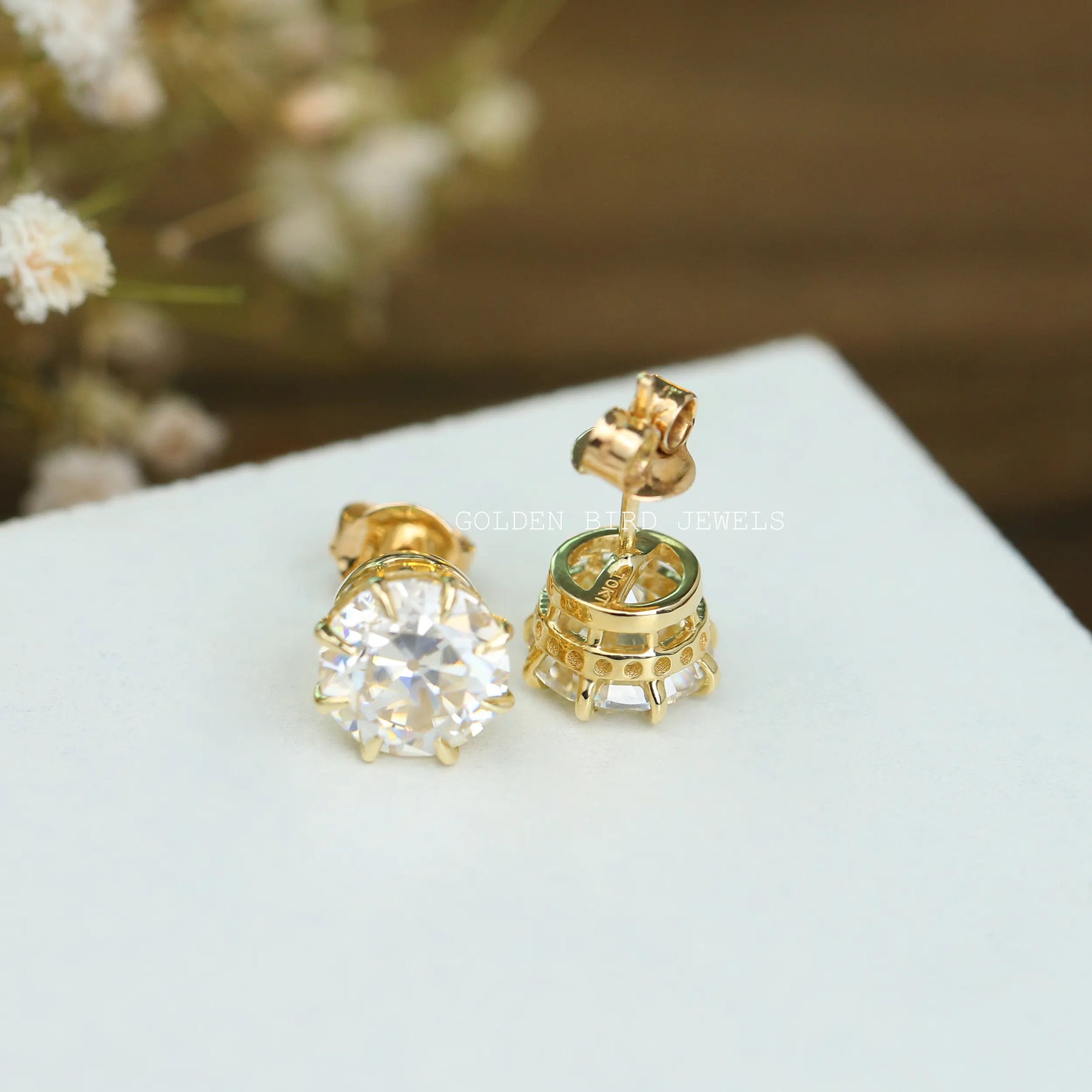 Old European Round Cut Moissanite Stud Earrings With Push Back